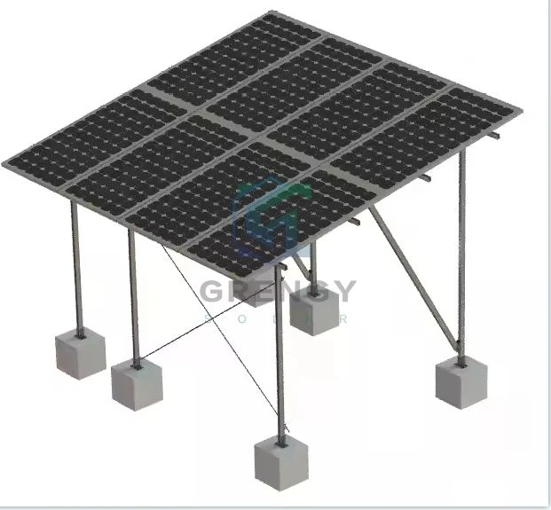 Panel solar fotovoltaico montado en el suelo de hormigón armado.